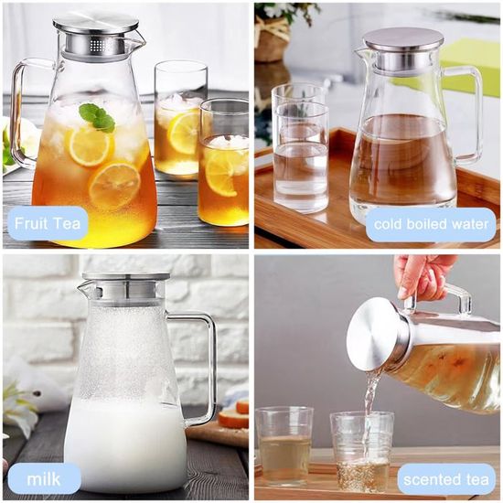 Carafe En Verre Borosilicate 2,3 L - Résistante à La Chaleur (+150°C) Et Au Froid, Couvercle Inox Avec Bec Verseur 2 En 1
