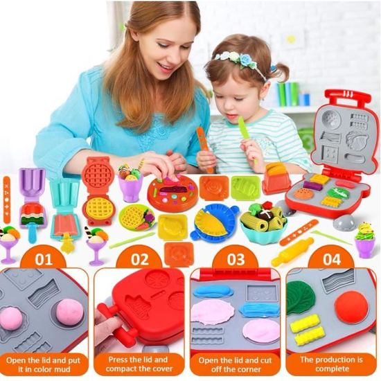Joellfuner 70 Pièces Pâte à Modeler Enfants | Kit Cuisine Hamburgers, Pâtes, Glaces – 18 Pots Couleurs + Outils & Machines – 3 Ans+