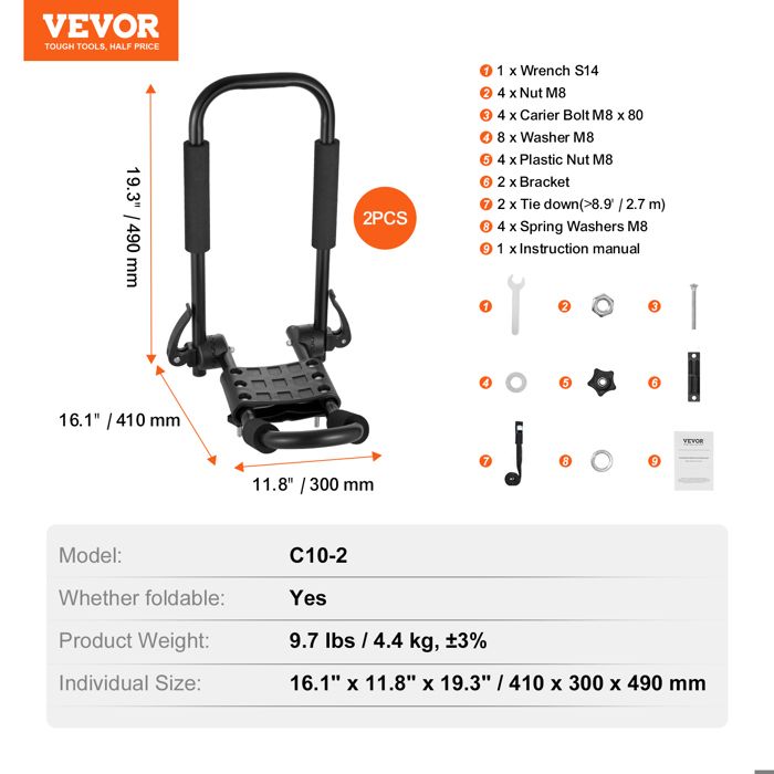 VEVOR Porte-kayak Pour Toit – Paire De Barres En J Pliables, Charge Dynamique 68 Kg, Adapté Aux Barres Rondes Ou Plates, Sangles Incluses