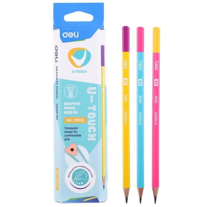 Boîte 12 crayons graphite HB, corps en couleur ( bleu, rose, jaune) bout  peint enrobé