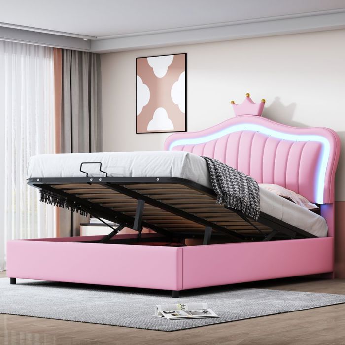 Lit Enfant Avec Rangement Hydraulique Et LED | Forme Couronne | Blanc 140x200 Cm | Similicuir PU