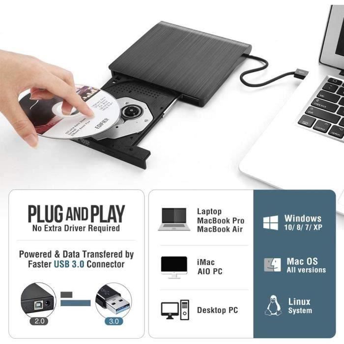 AMIGIK Lecteur DVD Externe, USB 3.0 & Type C, Graveur CD Externe,  Enregistreur Portable - Transfert de Données à Grande Vitesse Compatible  avec