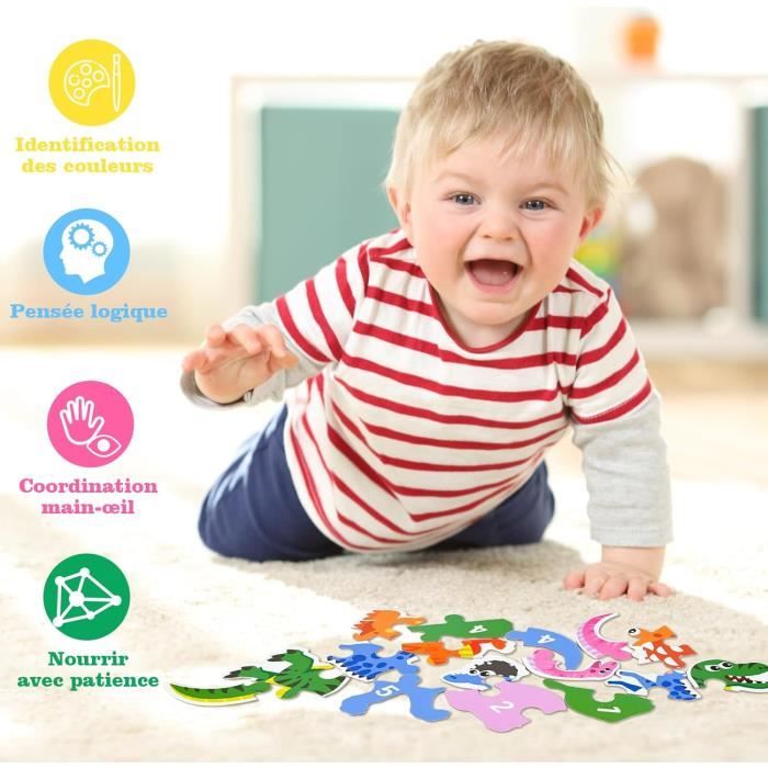 Lot 6 Puzzles En Bois Animaux Mignons Enfants - Dinosaure, Dauphin, Girafe + Chiffres 1-10