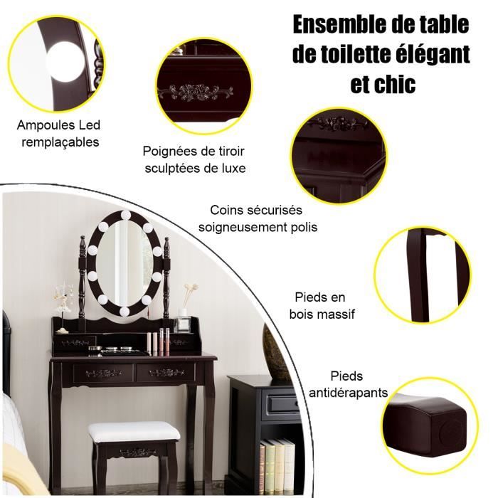 Coiffeuse Table de Maquillage avec Miroir Oval et 10 Ampoules LED à  Intensité Variable 4 Tiroirs de Rangement Noir - Costway