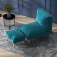 Fauteuil design scandinave grand confort - repose-pied inclus - piètement effilé incliné bois hévéa velours turquoise-3
