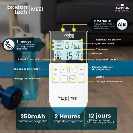 Elettrostimolatore Boston Tech WE-112 – 3 In 1 (TENS, EMS, Massaggio) Con 36 Programmi E 2 Canali