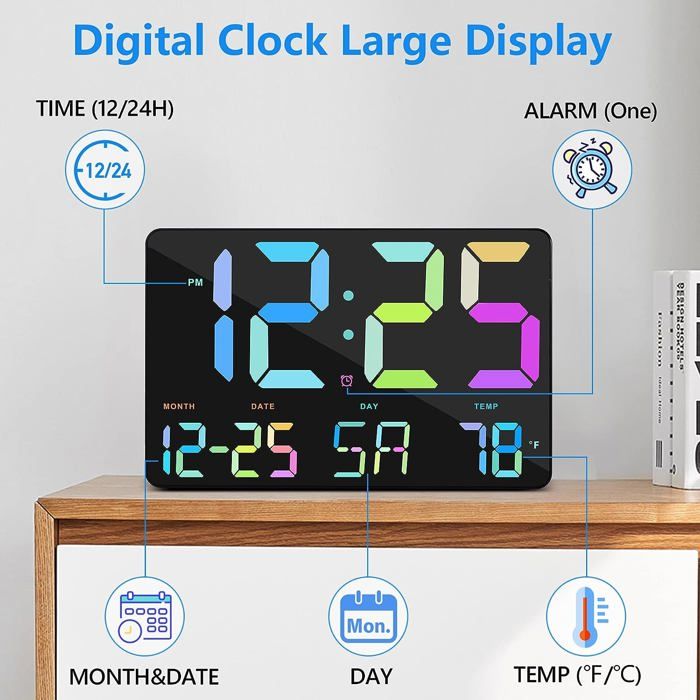 Grande Horloge Murale Numérique 11,5" Avec Télécommande - Date, Température Et Réveil