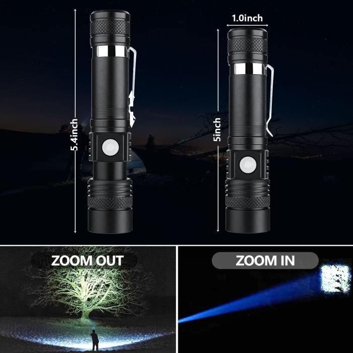 2x Torche Lampe de Poche, LED USB Rechargeable Ultra Puissante Lampe  Torche, 4 Modes IP44 Étanche Militaire Zoomable pour Camping Randonnée