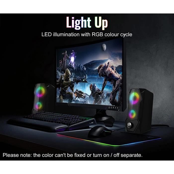 Enceinte PC Gaming RGB Filaire, Haut-Parleur 2.0, LinQ A5005 - Noir -  Français