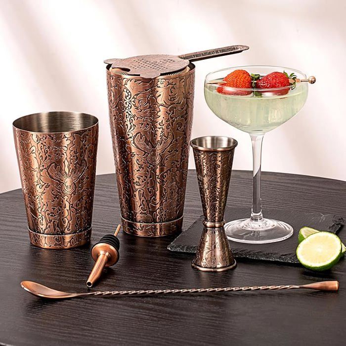 Relaxdays Set Barman Professionnel 11 Pièces – Kit Cocktail Inox Avec Shaker, Doseur, Pilon, Passoire, Support Bambou, Accessoires Bar Complet