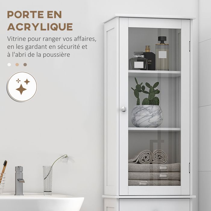 Kleankin Colonne De Salle De Bain Étroite 15×17×120 Cm – Armoire Haute Rangement 3 Placards 3 Étagères Blanc