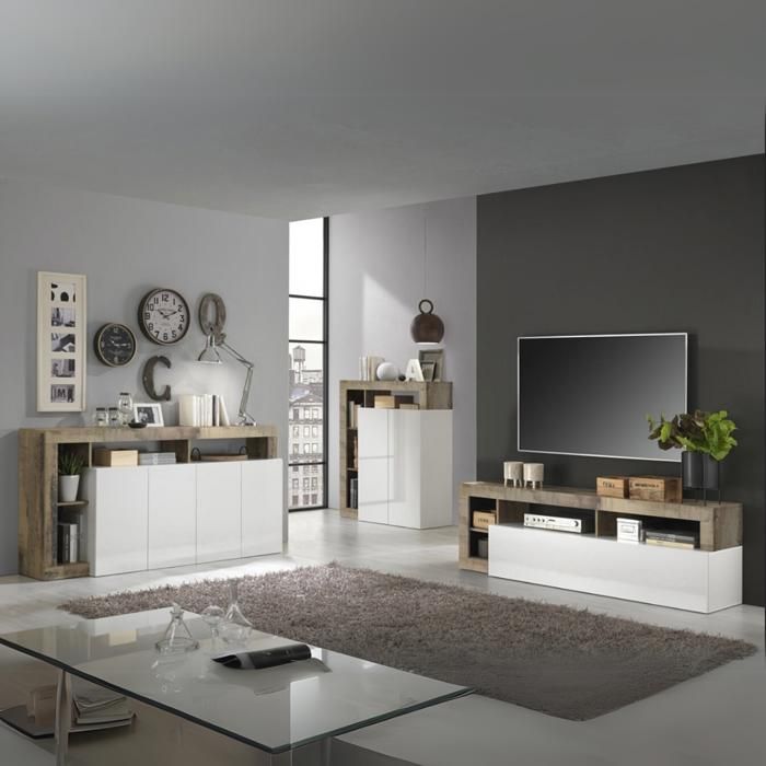 Buffet SEFRO 2 Portes 3 Niches - Blanc Laqué Et Chêne, Rangement Moderne, Design Contemporain, Fabrication Europe