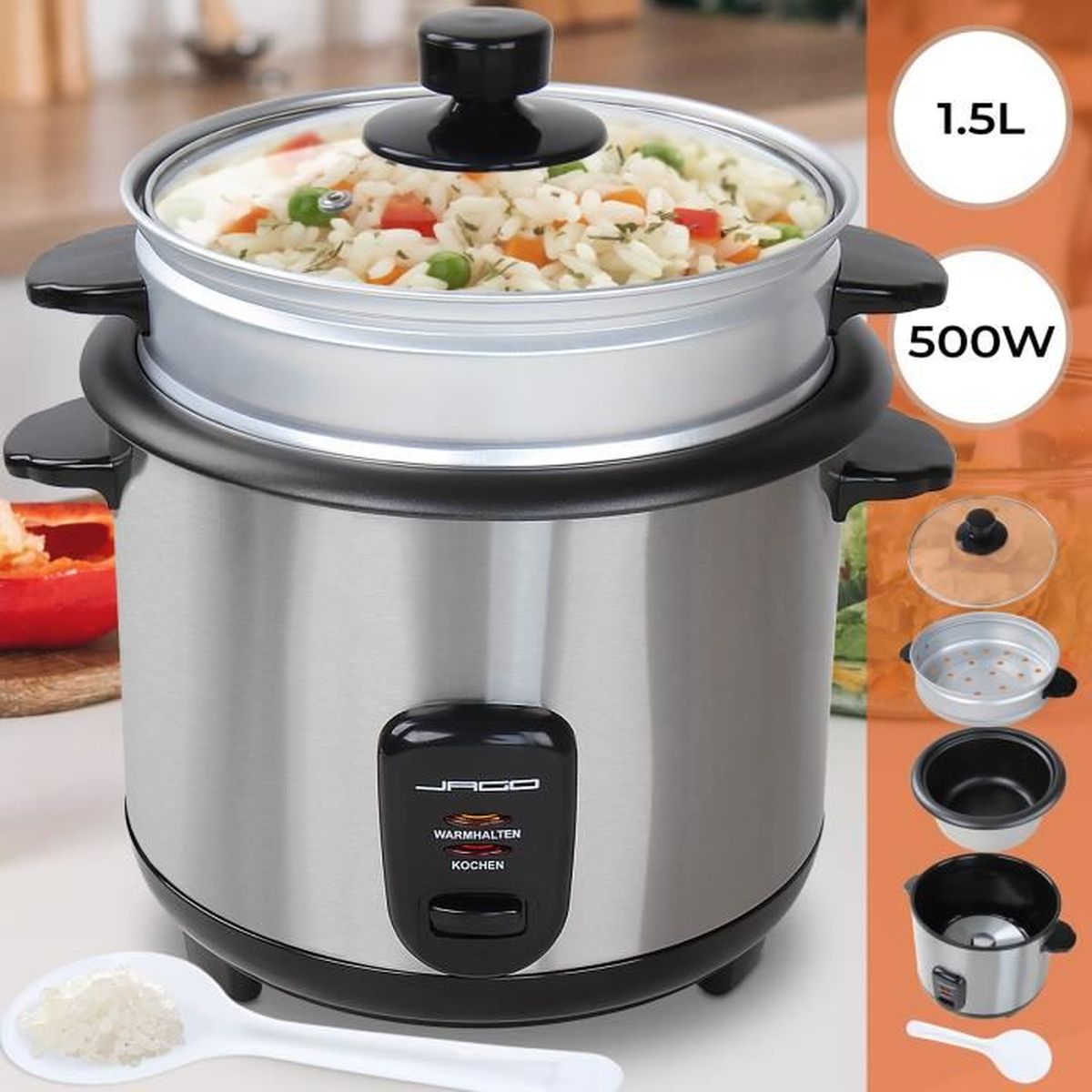 Cuiseur à Riz Vapeur en Acier Inoxydable Capacité 1,5 L Maintien au Chaud avec Tasse à Mesurer