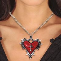 Collier médaillon coeur gothique croix 5cm rouge - Bijou fantaisie pour adulte