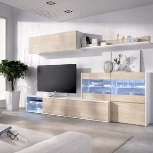 MEUBLE TV MURAL Ensemble meuble séjour living avec vitrine LED - Décor chêne et blanc - L 260 x P 41 x H 180 cm - UMA