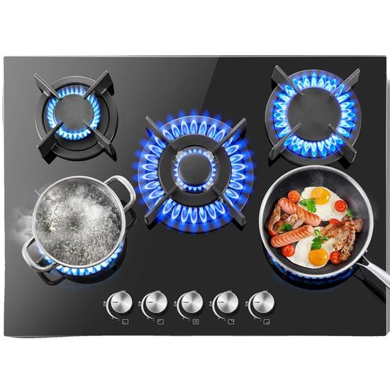 Plaque Cuisson Wok gaz + 4 feux gaz 90cm Verre Noir - Tahiti Ménager