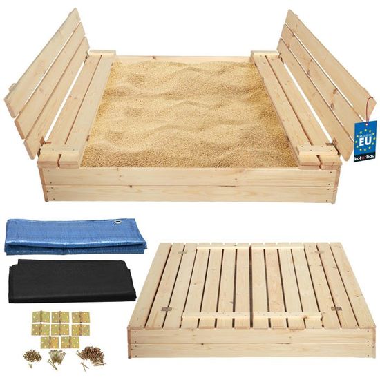 Springos Bac à Sable En Bois 140 Cm Avec Couvercle Et Banc – Certifié FSC, Résistant Aux Intempéries