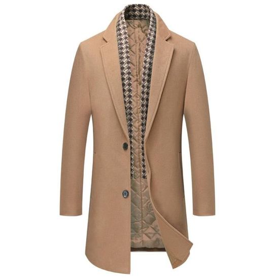 Caban Hiver Homme En Laine Mélangée - Manteau Mi-Long Classique, Col Cranté, Simple Boutonnage