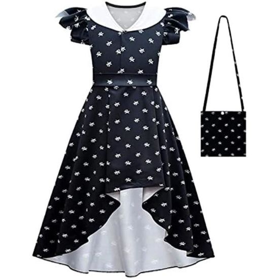 Déguisement Enfant Mercredi Addams Officiel - Robe Longue Noire à Pois Blancs, Manches Et Col Blancs, Tailles 5-16 Ans
