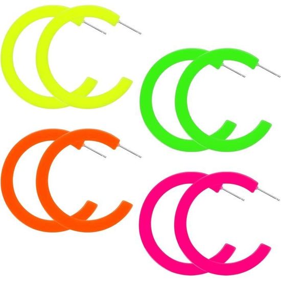 Boucles D'Oreilles Rétro Fluorescentes En Acrylique - 4 Paires Colorées - Style Années 80 - Fête - 7