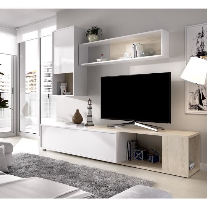 meuble tv extensible - classique - panneau de particules revêtement mélaminé - chêne naturel et blanc - l 230 x p 41 x h 180 cm -obi