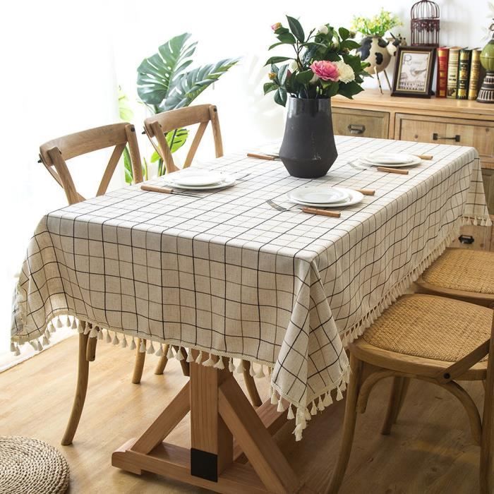 Nappe de Table à Manger Scandinave Polyester Carreaux Rectangulaire Blanc,140x220 cm