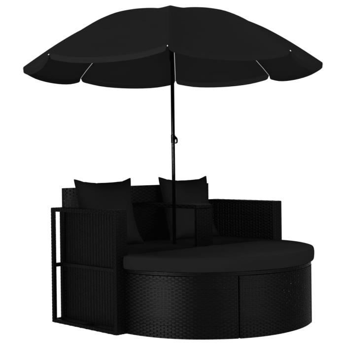Lit de jardin avec parasol Résine tressée Noir Poids:23,56