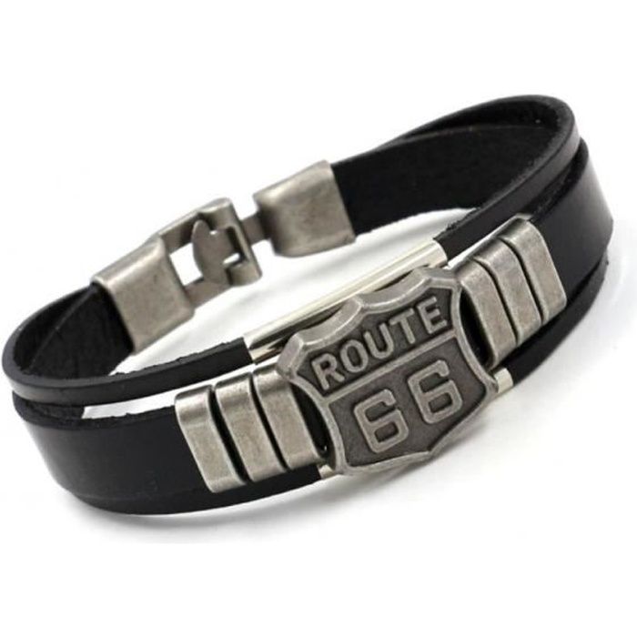 bracelet route 66 simili cuir biker motard fan rock roll homme femme ado