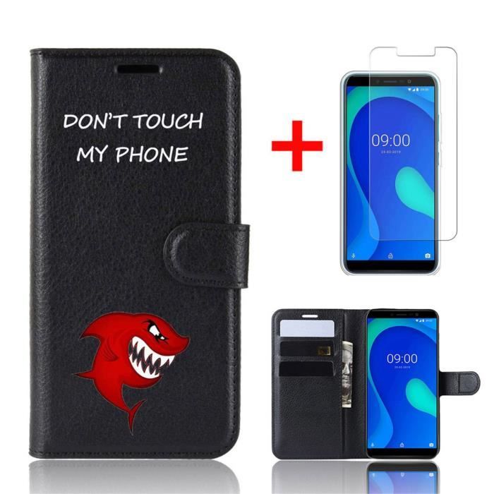 Haute Qualité Luxe Housse Wiko Y80 Coque Étui à rabat + HD Verre Trempé Wiko Y80 - Noir
