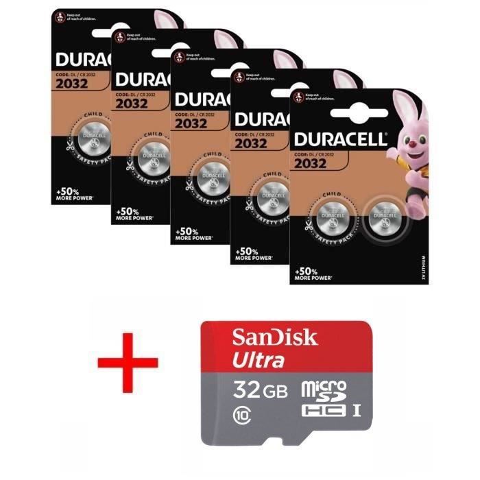 Pile CR2032 DURACELL lot de 10 piles lithium 3V CR 2032 3.0 Volts, pile plate bouton, capacité 180mAh avec étui pour Carte Bancaire