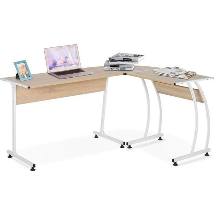 Bureau informatique multimédia bureau d'angle design contemporain métal blanc imitation bois chêne clair 112x152x74cm Beige