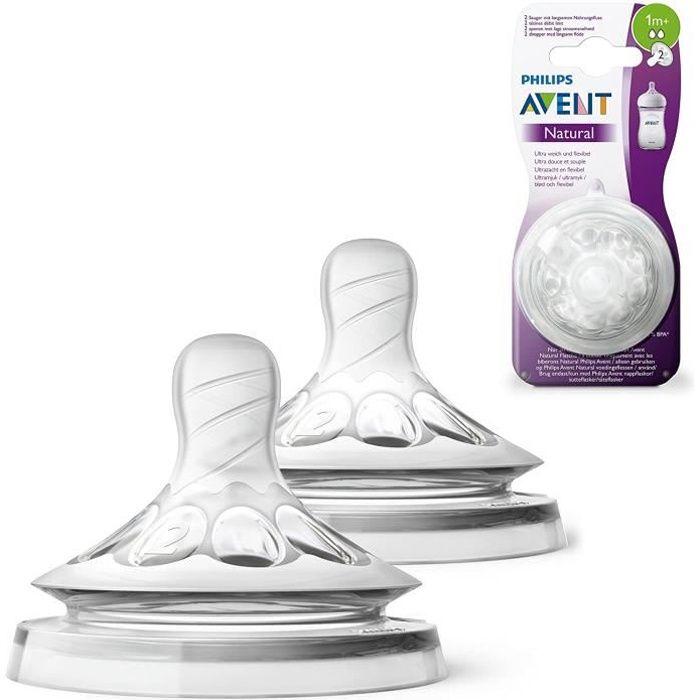 Philips Avent Lot de 2 tétines pour biberons Natural débit lent 2 trous pour les bébés de 1 mois et + (Modèle SCF042/27)