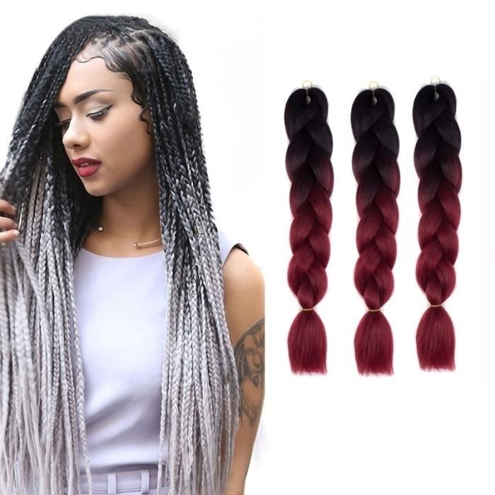 Extension cheveux Couleur Mode dégradé individuelle Braid Perruques Chemical Fiber Big Tresses Longueur: 60 cm Rouge Noir vin