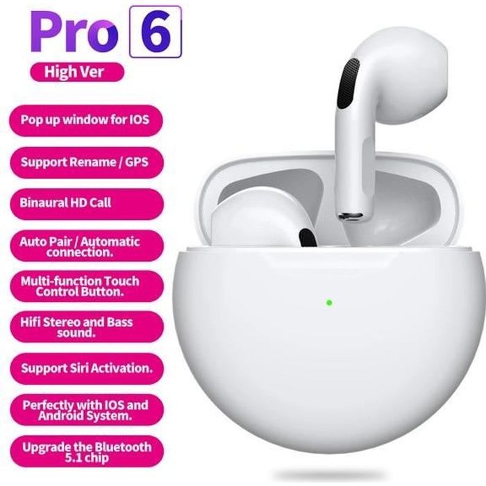 White -Écouteurs sans fil Air PRO 6 TWS,Mini casque d'écoute,Bluetooth 5.0,son stéréo HIFI,Pop up automatique,pour Xiaomi Iphon