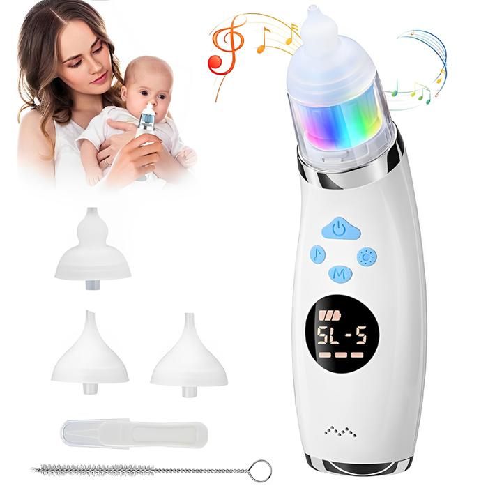 Mouche Bébé Électrique Rechargeable - 3 Niveaux Aspiration, 3 Embouts Silicone - Fonction Musique & Lumières