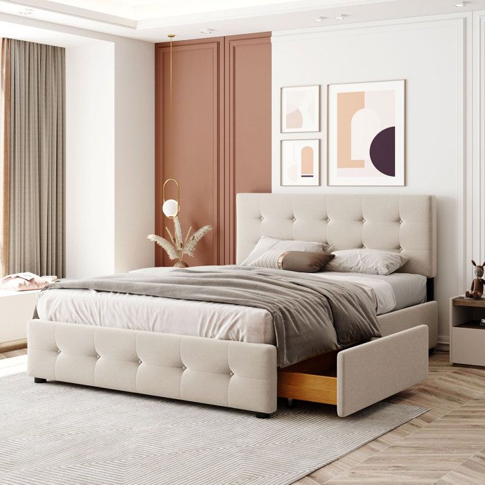 Lit Double Capitonné - AMBIANCE - 140 x 200 cm - avec 4 tiroirs - Sommier à lattes - Velours Beige Lit Double Capitonné - AMBIANCE - 140 x 200 cm - avec 4 tiroirs - Sommier à lattes - Velours Beige