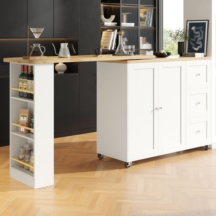 Buffet de Rangement Placard de Cuisine Ilot de Cuisine Armoire de Cuisine Multi-rangements 360°avec 3 tiroirs138-209x39x106cm