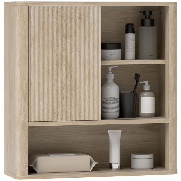 Armoire murale salle de bain - HOMCOM - étagères réglables porte coulissante et étagères ouvertes - 60 x 20 x 62 cm - bois naturel Armoire murale salle de bain - HOMCOM - étagères réglables porte coulissante et étagères ouvertes - 60 x 20 x 62 cm - bois naturel