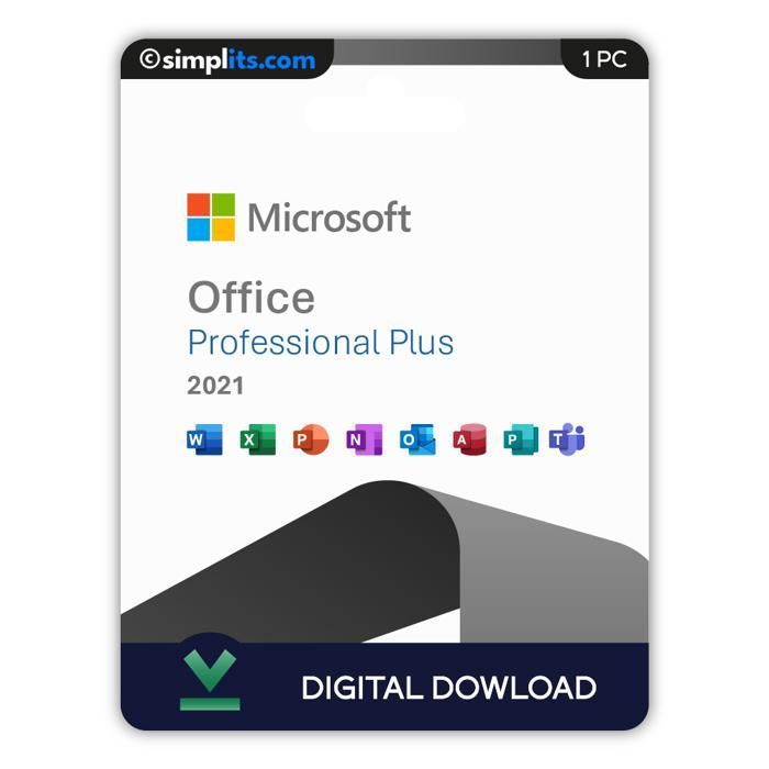 Microsoft Office Pro Plus 2021 (Windows) – Activation Perpétuelle – À télécharger – 1 PC – Non compatible Mac