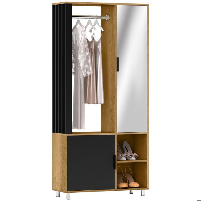 Armoire chambre penderie - HOMCOM - miroir compartiments ouverts placard et tringle de suspension - 80 x 30 x 170 cm - naturel