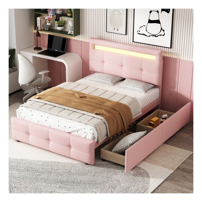 Lit Enfant 90x200 cm avec LED lit 1 personne en Bois Massif avec 2 Tiroirs et Sommier à Lattes Lit Enfant Rembourré Rose
