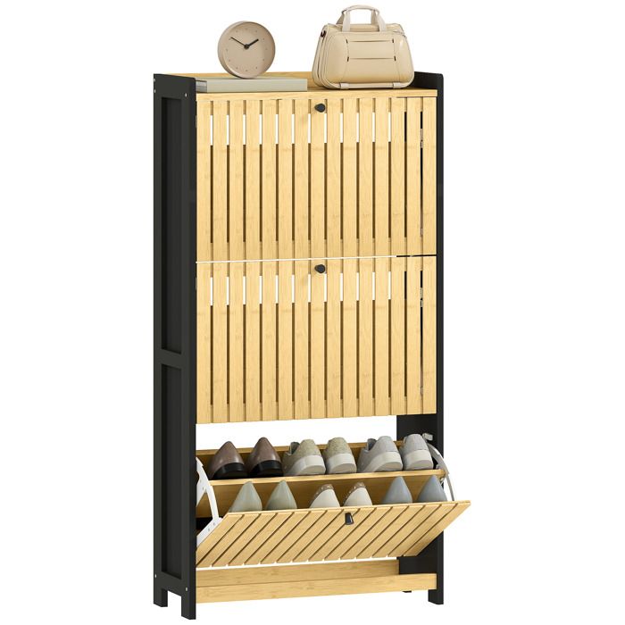 Meuble à chaussures - HOMCOM - 18 paires - 3 tiroirs rabattables portes en bambou à lattes - 60x24x118cm - noir et bois naturel