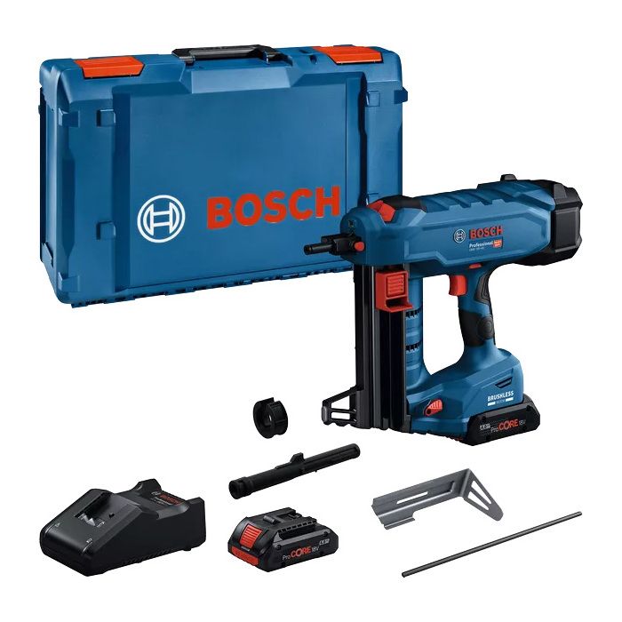 Bosch Professional 18V System cloueur à béton sans fil GNB 18V 40 avec 2 batteries ProCORE 4 0 Ah chargeur GAL 18V 40 broche d’extraction crochet de suspension embout standard aimant BOXX
