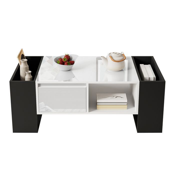 Hzuaneri Table Basse Salon Moderne 100x50 Cm - 2 Tiroirs + 4 Compartiments Ouverts - Pieds Acier - Style Minimaliste Blanc-Argent - CT22003W