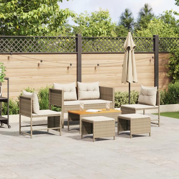 Moderne Set Meuble de jardin - Ensemble de canapé extérieur Beige et crème Rotin et tissu Moyen @FR(987648)