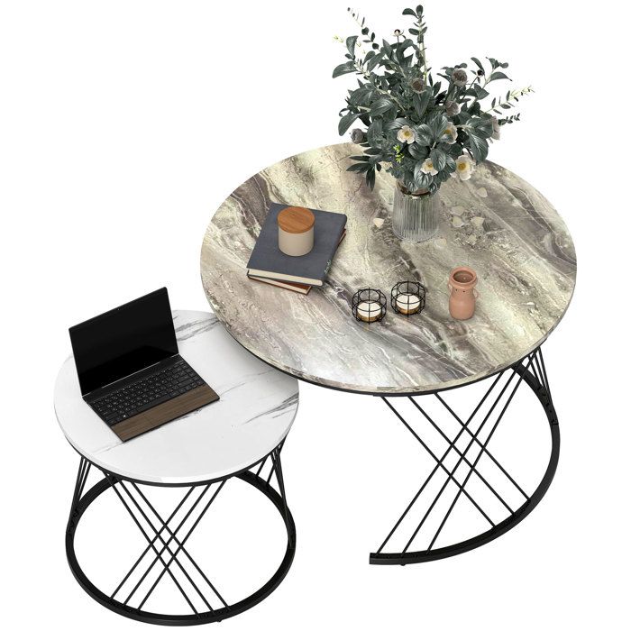 Lot de 2 tables basses gigognes - HOMCOM - rondes Ø 70/445 cm - plateau effet marbre - panneau de particules et métal - gris blanc