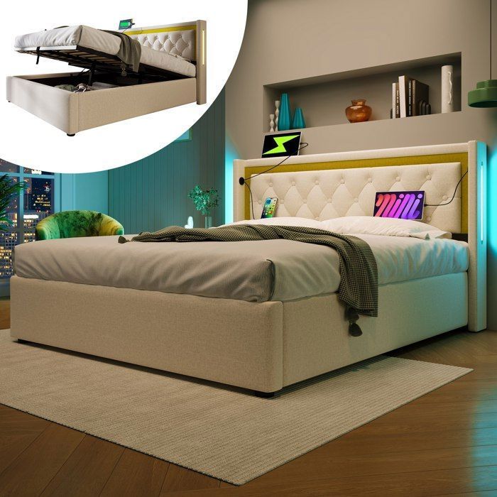 Lit capitonné 140 x 200 cm Lit coffre lit double avec avec rangement hydraulique et tête de lit avec port USB Type-C - Beige