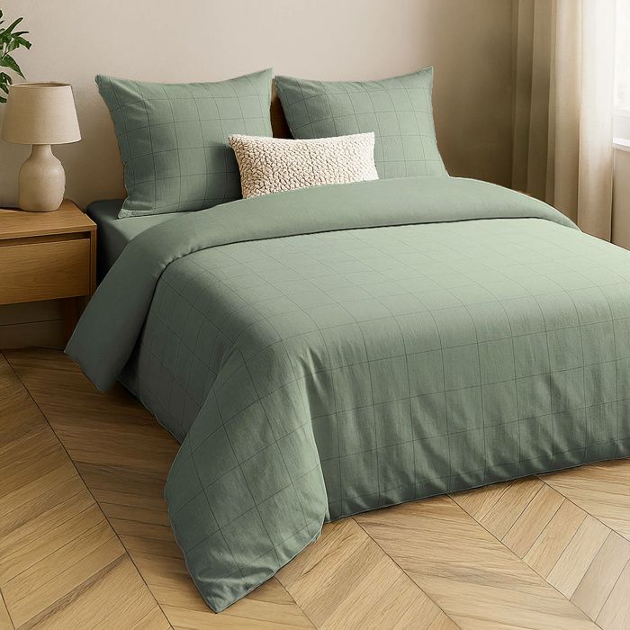 Parure de lit 3 pièces LINELLA 240 x 220 cm — Coton/Polyester lavé jacquard Sauge