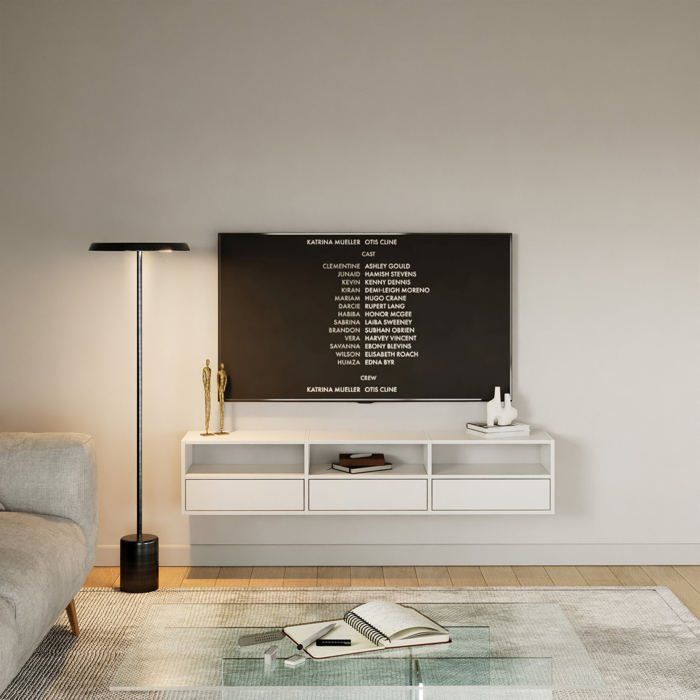 Meuble TV avec 3 abattants et étagères – FRAMME – blanc – 150 cm