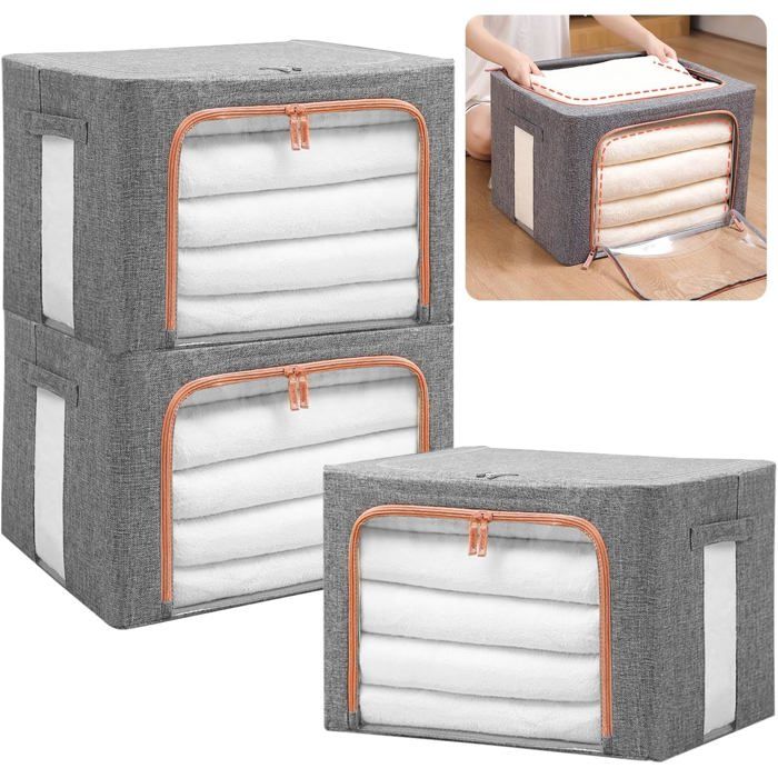 Lot de 3 Sacs de Rangement avec Cadre Métallique 24L Boîte de Rangement pour Vêtements et Penderies Boîte de Rangement Pliable